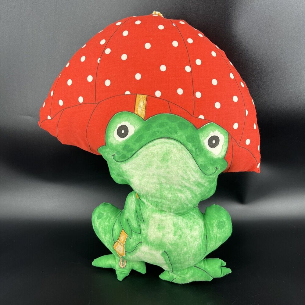 Frog Red Polka Dot Umbrella Plush Fabric Sewn Stuffed Animal Pillow Spring Mill